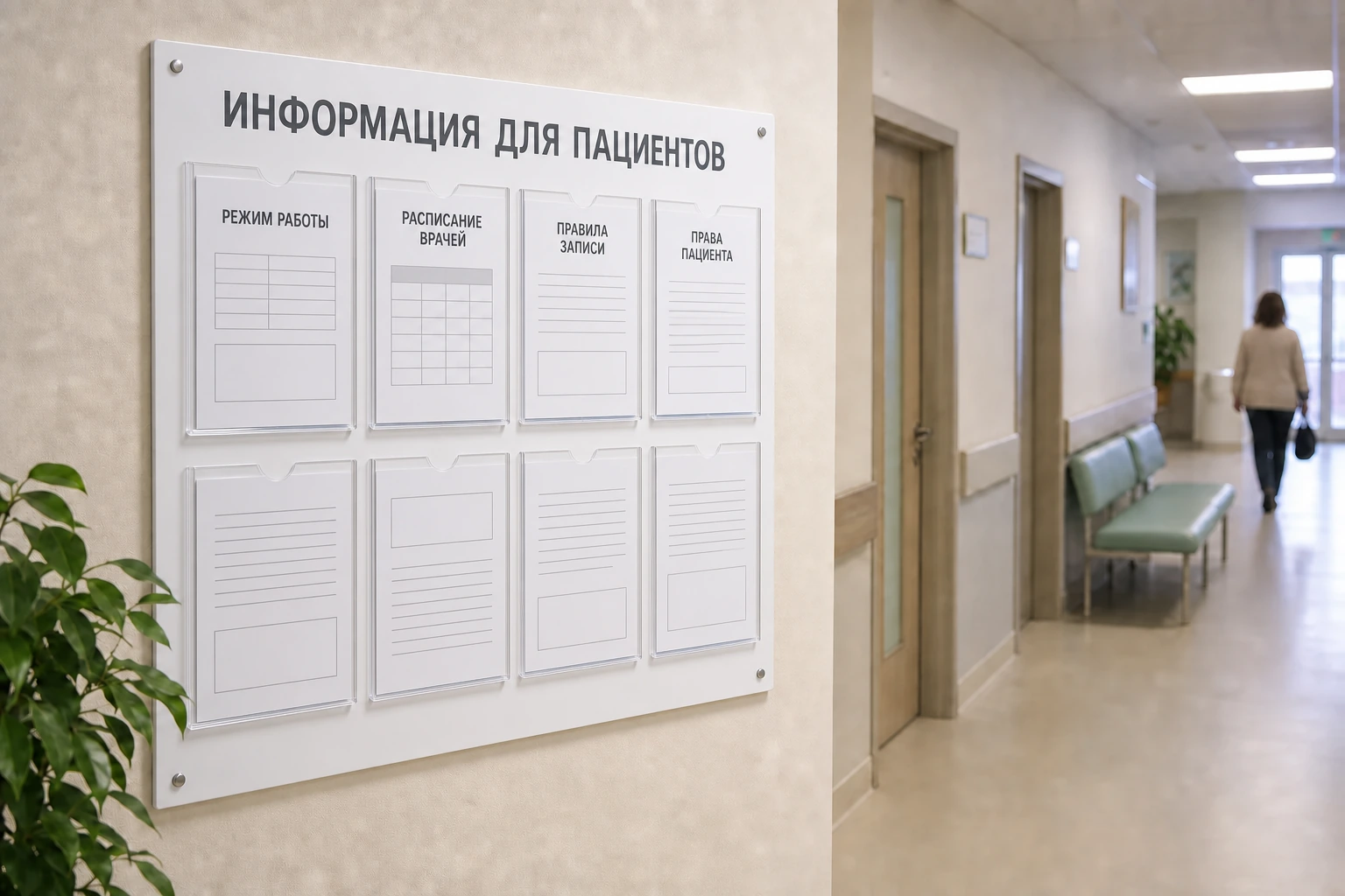 Стенд «Информация для пациентов» с расписанием и памятками в коридоре клиники; для заказа в Смоленске