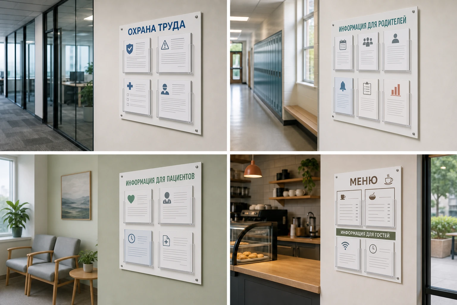 Стенды «Охрана труда», «Информация для родителей», «Информация для пациентов» и «Меню»; для заказа в Смоленске