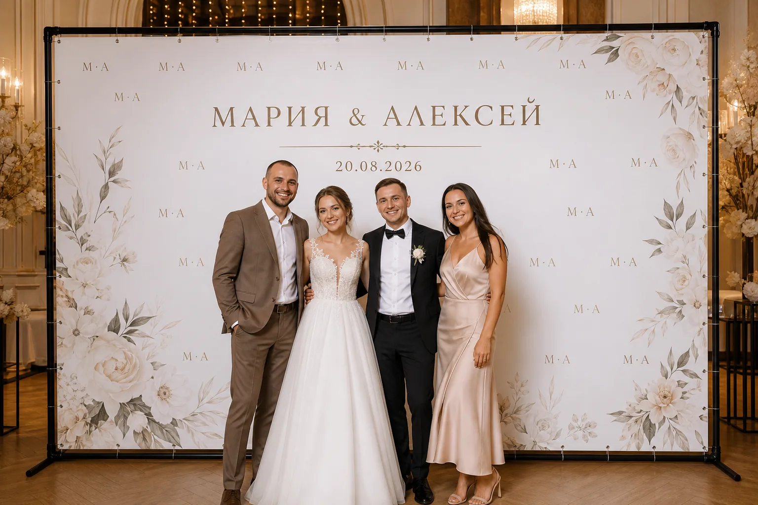Гости у прямоугольного свадебного Press Wall; для заказа в Смоленске