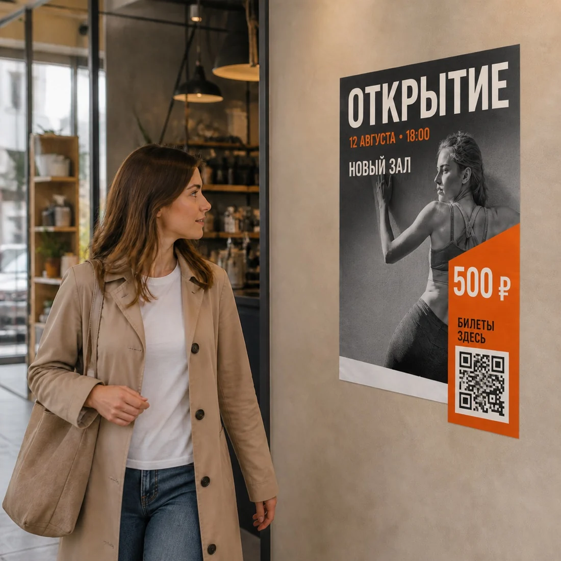 Прохожая замечает бумажный плакат с событием, датой, ценой и QR-кодом; для заказа в Смоленске