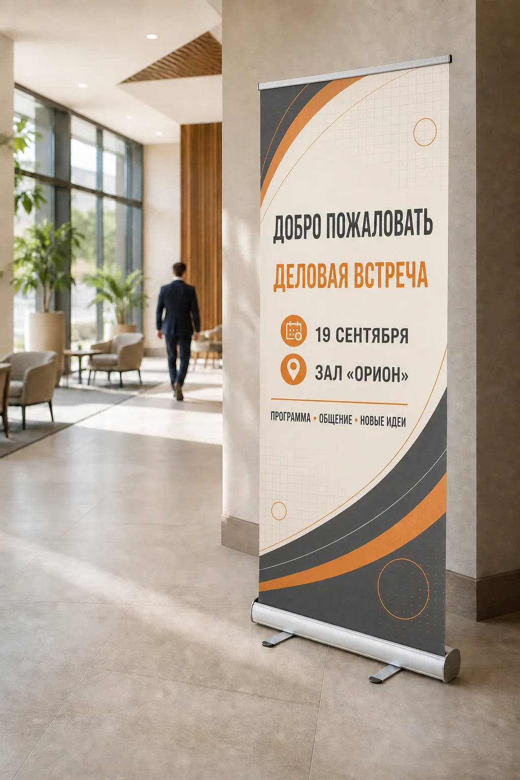 Заказать roll-up стенды: Roll-up с насыщенным русским макетом в лобби делового центра; образец смежной услуги, кадр 1, получение в Смоленске, «Штендеры»