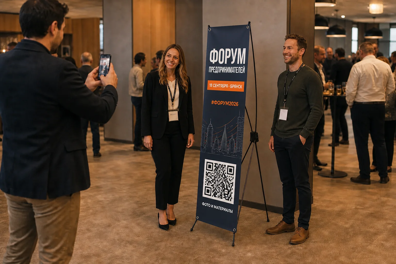 Участники фотографируются рядом со стендом паук с названием, датой и QR-кодом форума; для заказа в Смоленске