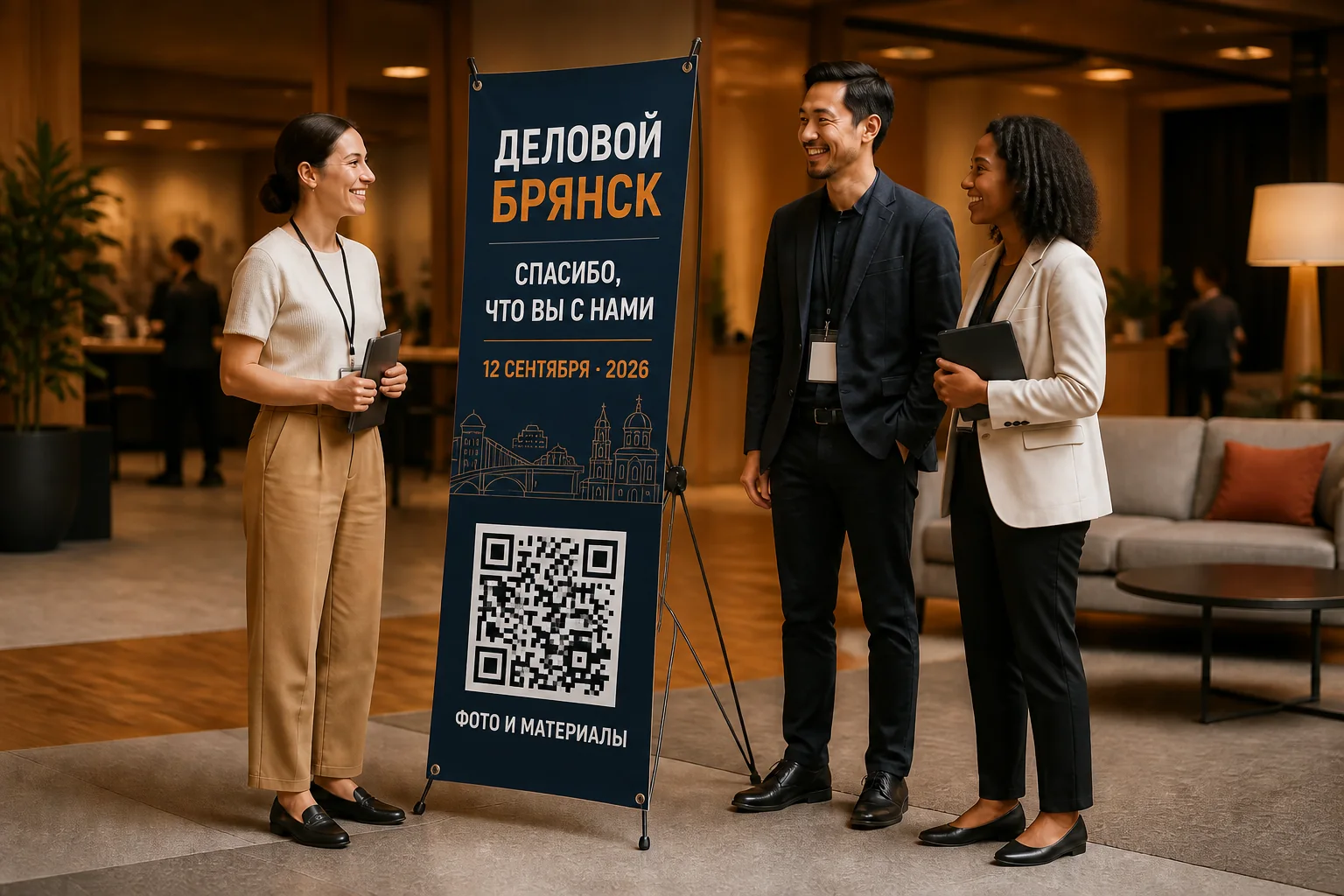 Гости делового мероприятия рядом со стендом паук с датой и QR-кодом для программы и материалов; для заказа в Смоленске