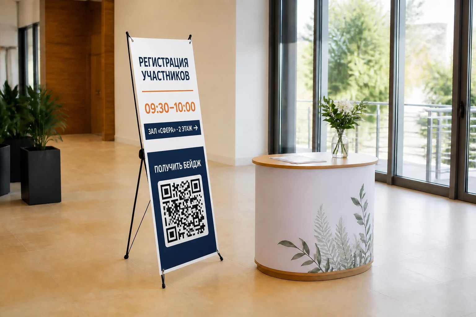 Фирменный стенд паук с программой и QR-кодом в зоне встречи участников; для заказа в Смоленске
