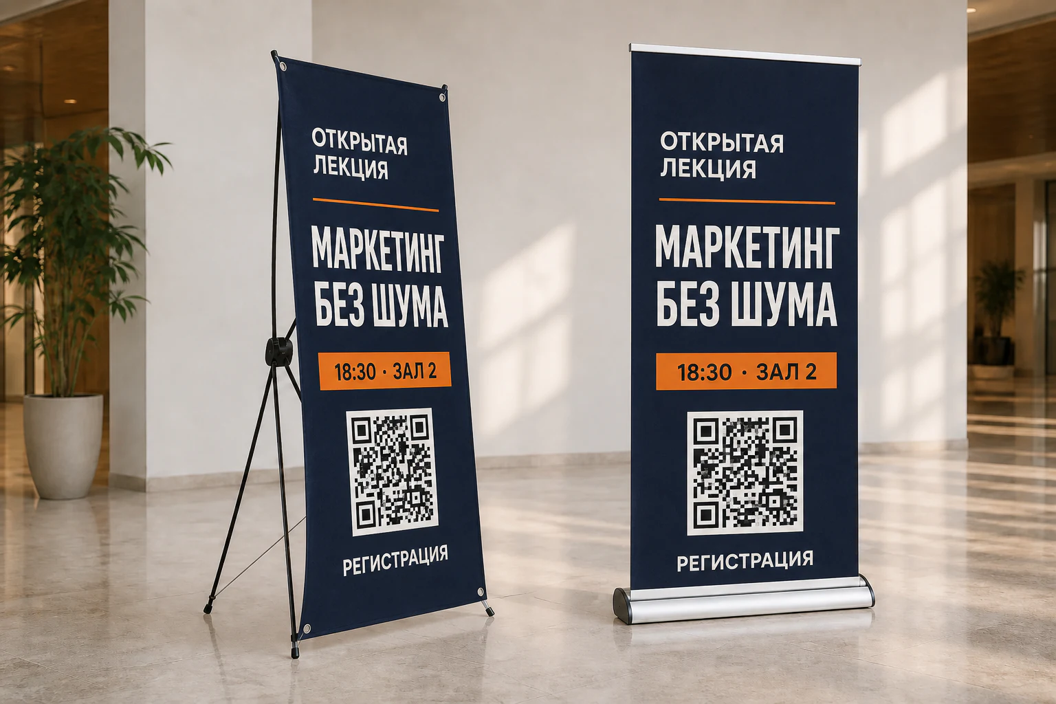 Стенд паук и Roll-up с одинаковым макетом делового мероприятия; для заказа в Смоленске