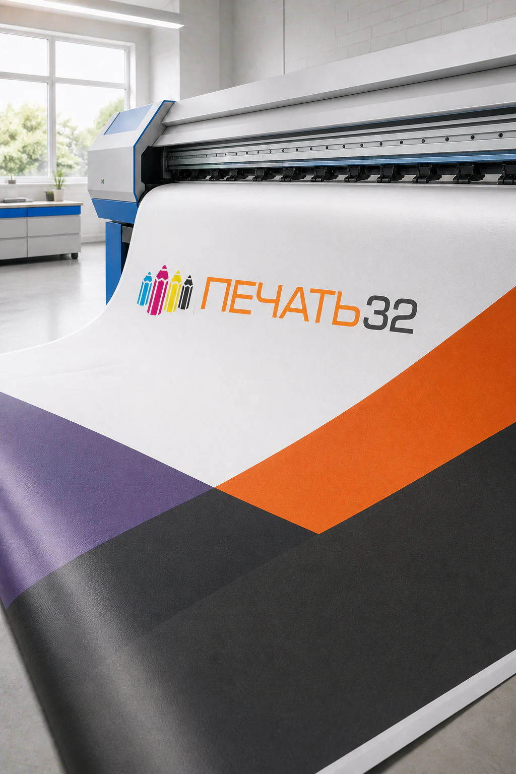 ПЕЧАТЬ32 — Широкоформатная печать; Широкоформатный принтер печатает фирменный баннер ПЕЧАТЬ32, образец смежной услуги, кадр 1, получение в Смоленске, «Баннеры»