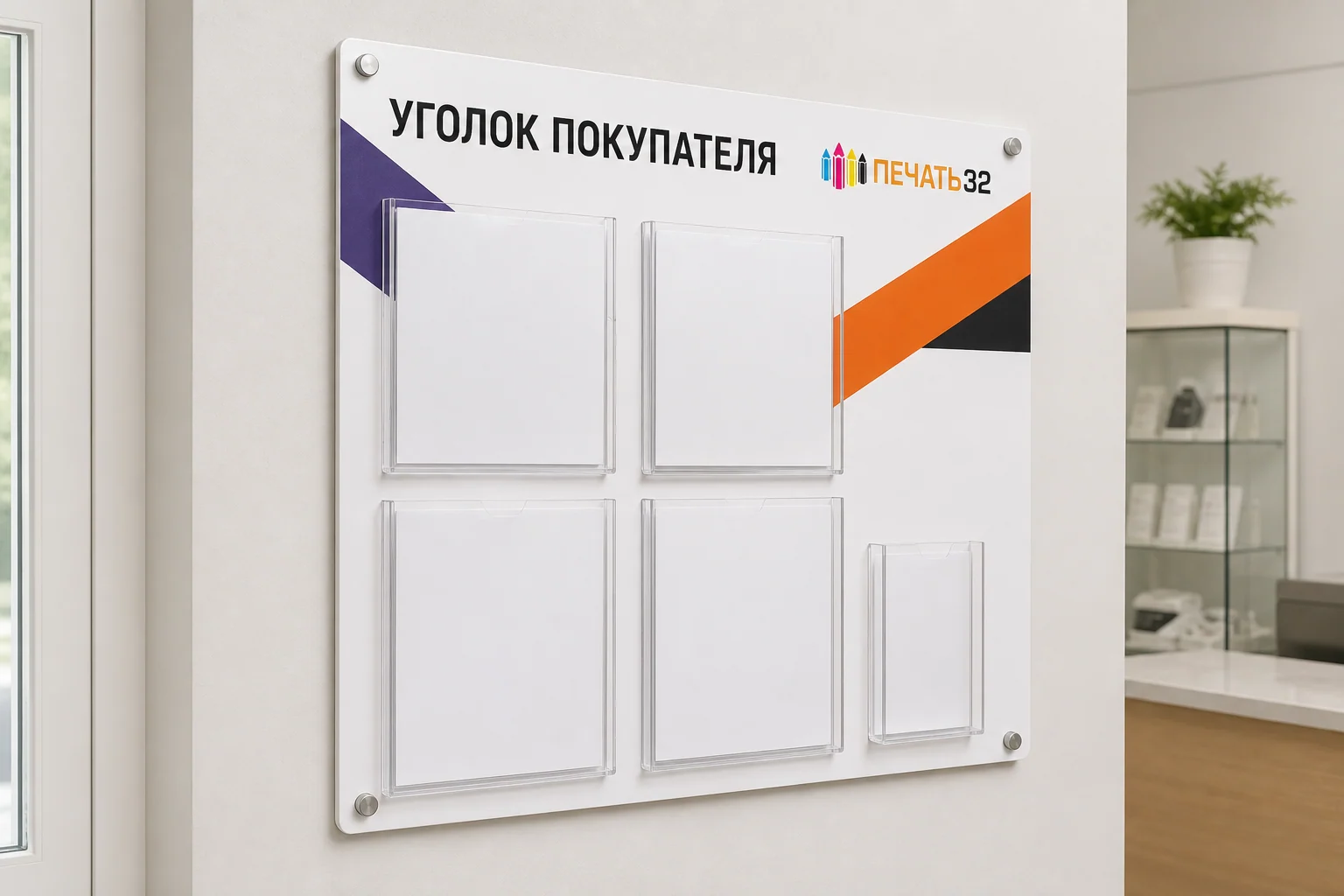 Уголок покупателя из ПВХ с прозрачными карманами; для заказа в Смоленске