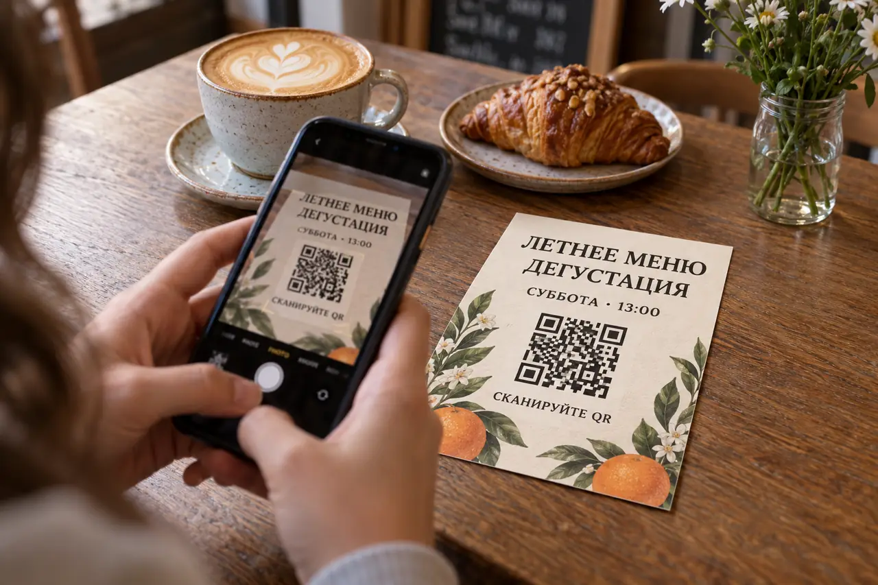 Посетитель сканирует QR-код на флаере с приглашением на дегустацию