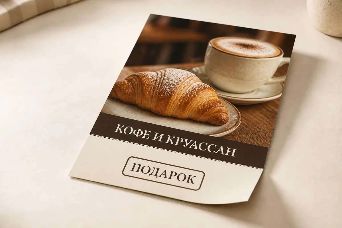 Листовка кафе формата A5 с профессиональной перфорацией и отрывным купоном; для заказа в Смоленске