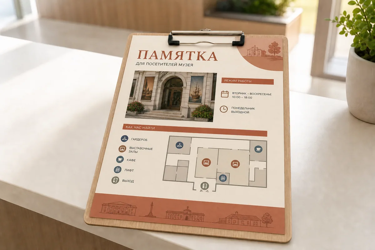 Памятка для посетителей музея формата A4 со схемой и режимом работы; для заказа в Смоленске